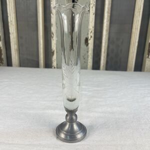 Web Pewter Crystal Etched Wheat Pattern Bud Vase Scalloped Vintage